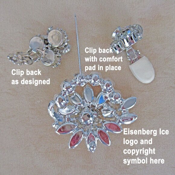 Eisenberg Ice clear rhinestone 2 x 1 and 7/8 brooch & clip back earrings, 1950's - Picture 8 of 14